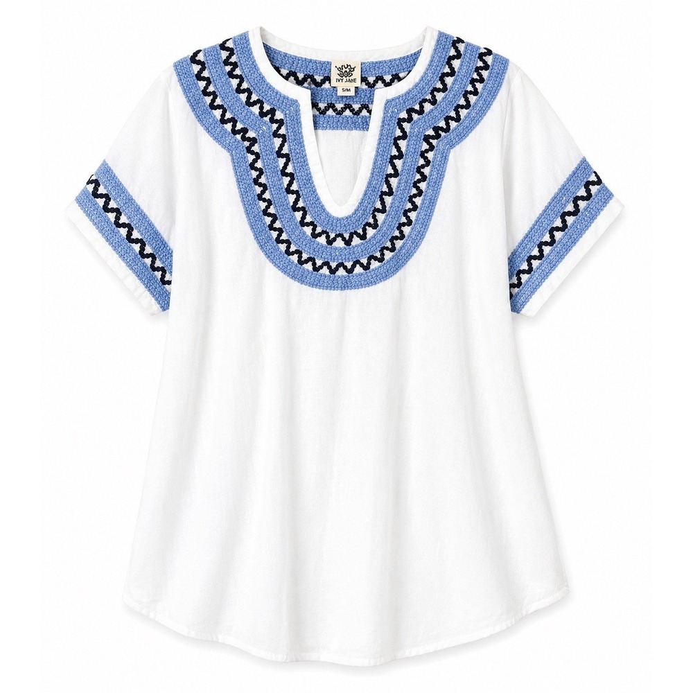 Ivy Jane Blouse Womens S/M White Embroidered Kimono Sleeve Boho Tunic Top NEW